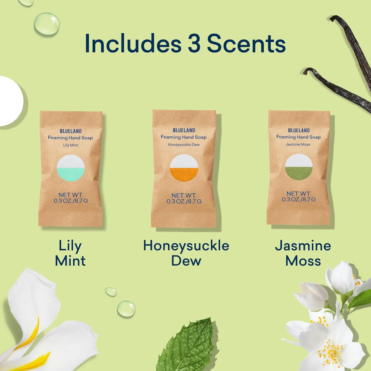 BLUELAND Foaming Hand Soap Refill Tablets, 4-Pack, Garden Blooms Variety Scents, Eco Friendly Cleaning Products, 4 x 9 Fl oz