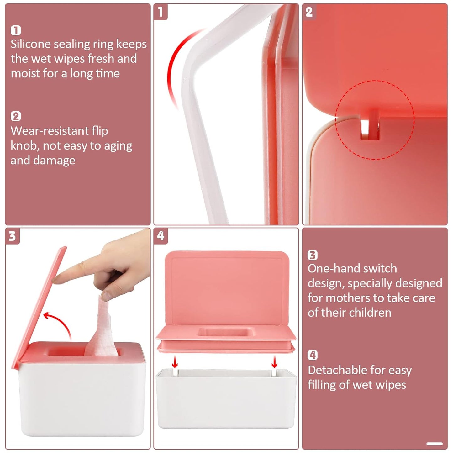 Diaper Wipes Dispenser Wipes Holder, Wipes Tissue Case Keeps Wipes Fresh Tissue Wipes Container with Lid (Pink)