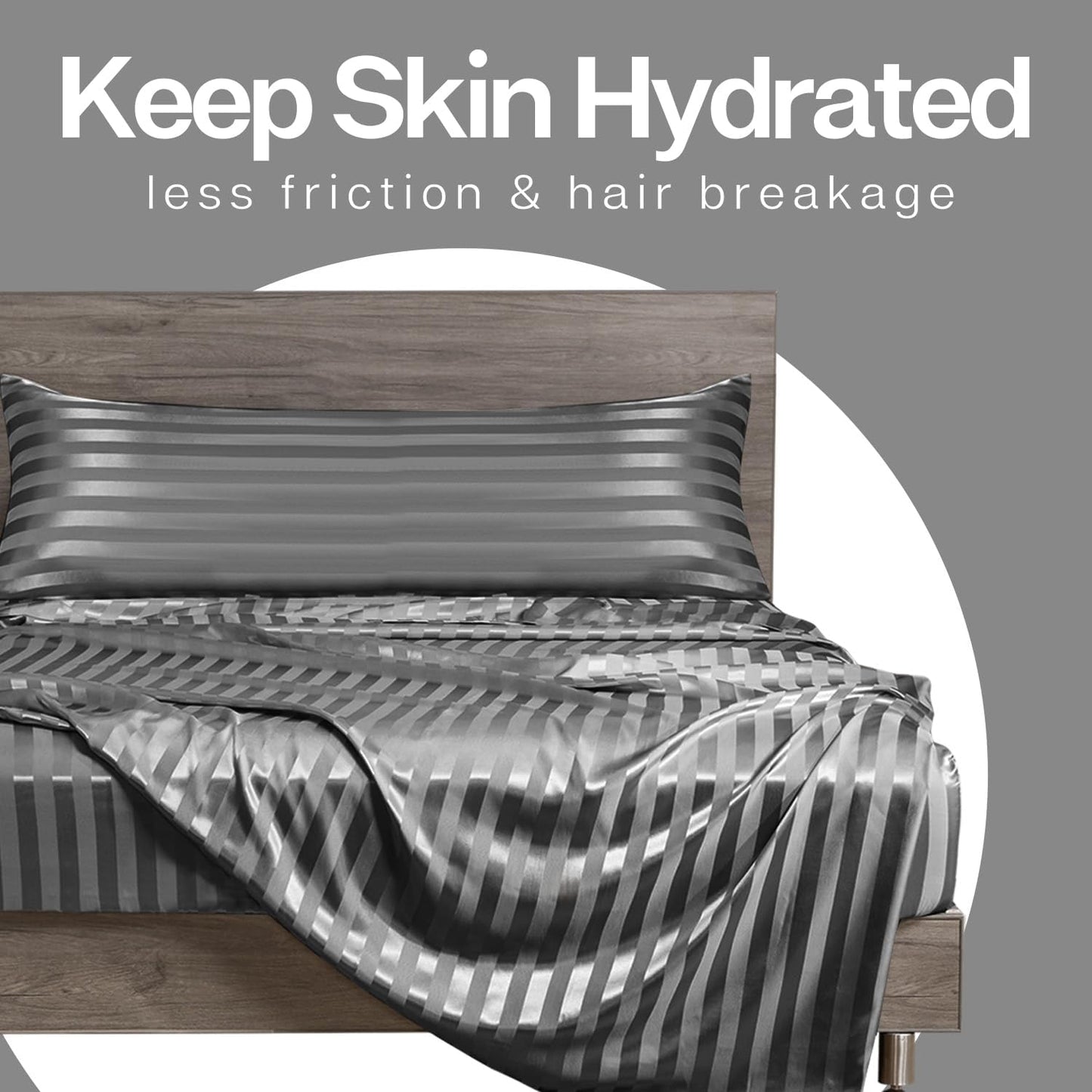 MR&HM Satin Body Pillow Cover, Soft and Breathable Body Pillow Case with Envelope Closure, Cooling and Silky Long Pillowcase for Hair and Skin,Grey (20x54, Dark Grey Striped)