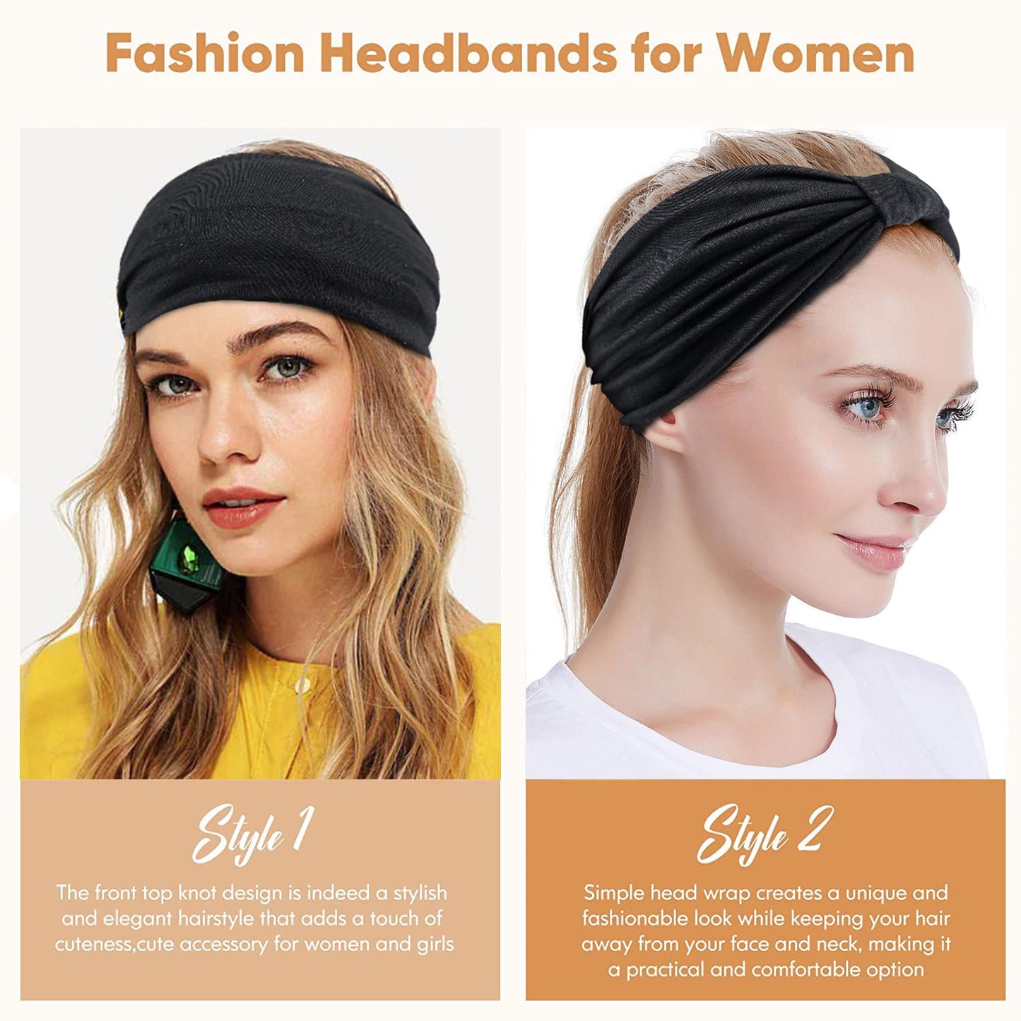 Yeshan Black Wide Turban Headbands for Women - 6 Pack Knotted Boho Thick Head Wraps, Large African Sport Yoga Hairbands