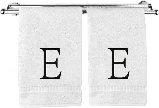 Monogrammed Hand Towel, Personalized Initial Gift, Extra Absorbent 100% Turkish Cotton - Soft Terry Finish - Set of 2 - Black Block Initial E - Embroidered on White Towels