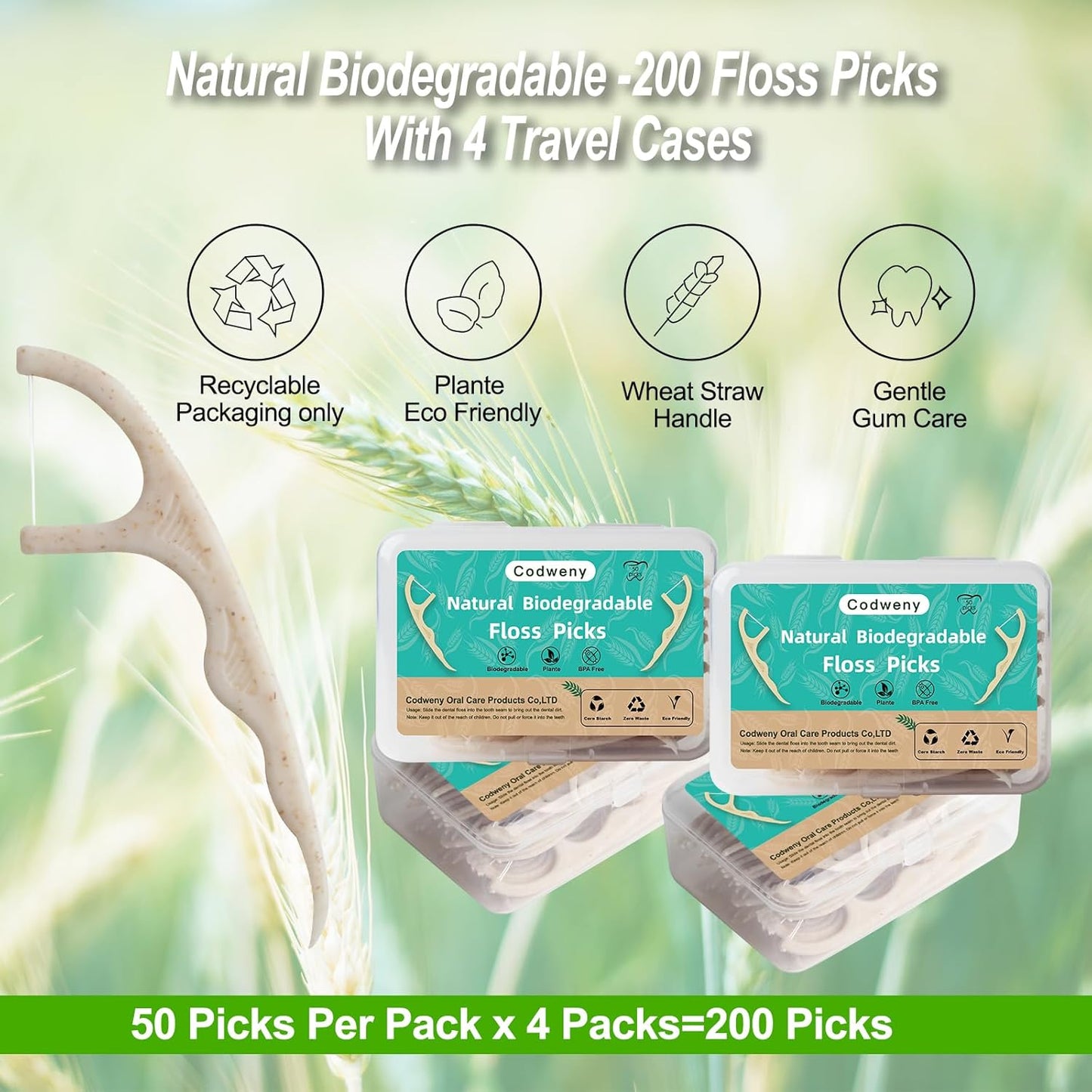 Wheat Straw Biodegradable Dental Floss Picks,200 Counts Natural Handle Tooth Flossers Sticks Oral Care,Keep Clean with 4 Travel Handy Cases
