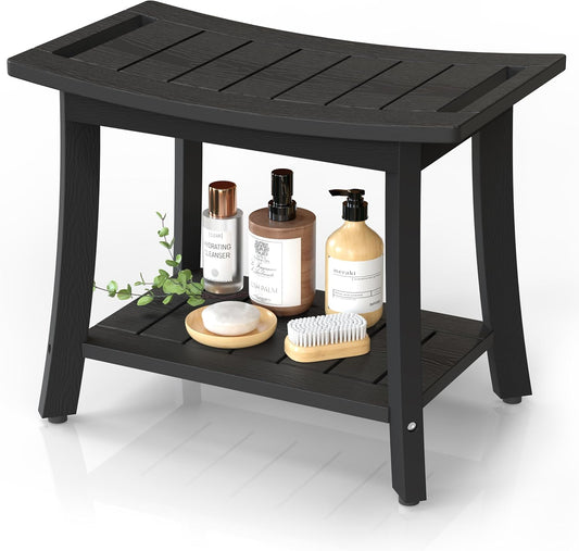 HIPS Shower Benches for Inside Shower, Waterproof Shower Stool with Storage Shelf & Adjustable Feet, SPA Bathroom Seat Chair for Shaving Legs, Indoor or Outdoor Use, Black