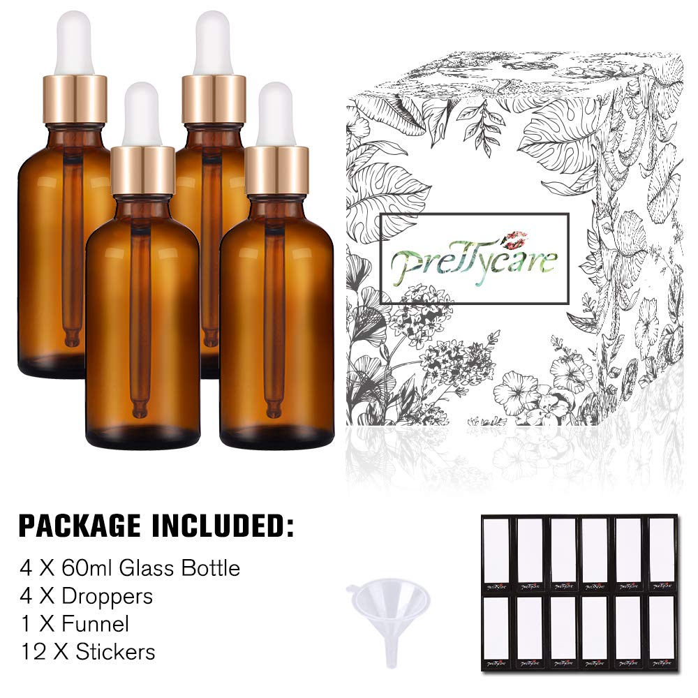 PrettyCare 2 oz Dropper Bottles, 4 Pack Amber Glass Bottles 60ml with Golden Caps, 12 Labels, Funnel & Measured Pipettes-Empty Tincture for Essential Oils & Skincare