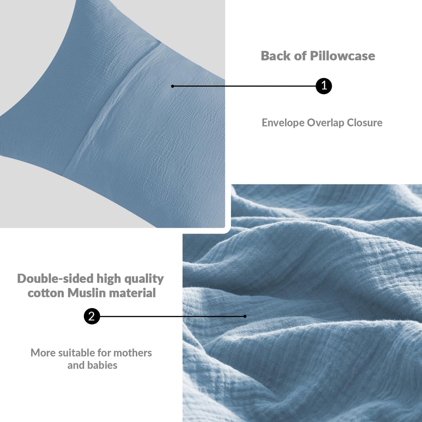 SE SOFTEXLY Muslin Pillowcases Queen Size 100% Cotton, 2 Pack Linen Like Pillow Shams with Envelope Closure, Ultral Soft and Breathable Pillow Case Covers, Blue, 20" X 30", No Filling