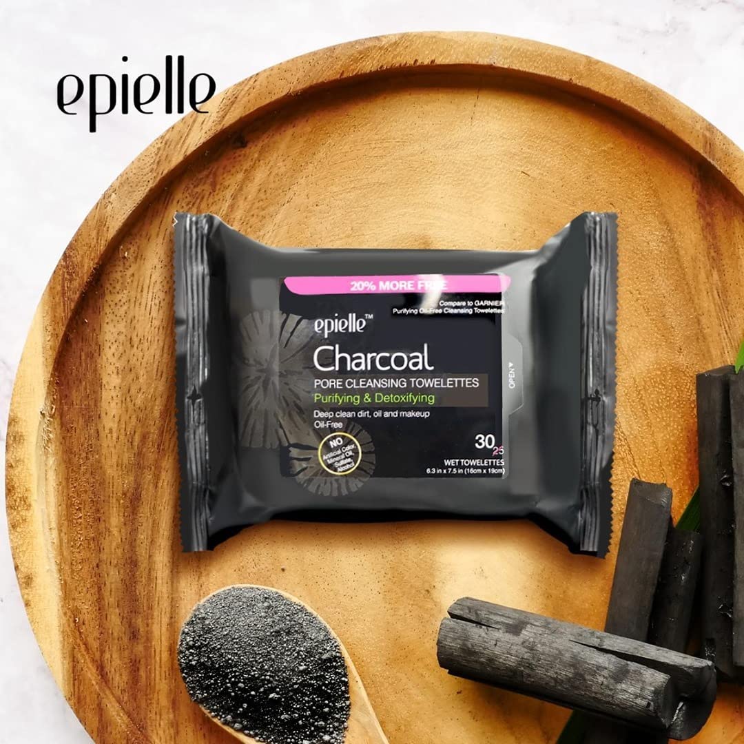 Epielle Charcoal Makeup Remover Wipes, Purifying & Detoxifying, Pore Cleaning Facial Cleanser Towelettes, Remove Dirt, Oil, Waterproof Mascara, Hypoallergenic & Alcohol-Free, 30 Count (Pack of 2)