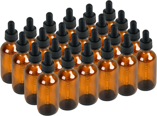 BILLIONSTARS 24 Pack 2oz Glass Boston Round Bottle with Graduated Calibrated Glass Pipettes - Amber - Tincture Bottles for Essential Oils, Liquids - Leakproof Travel Bottles