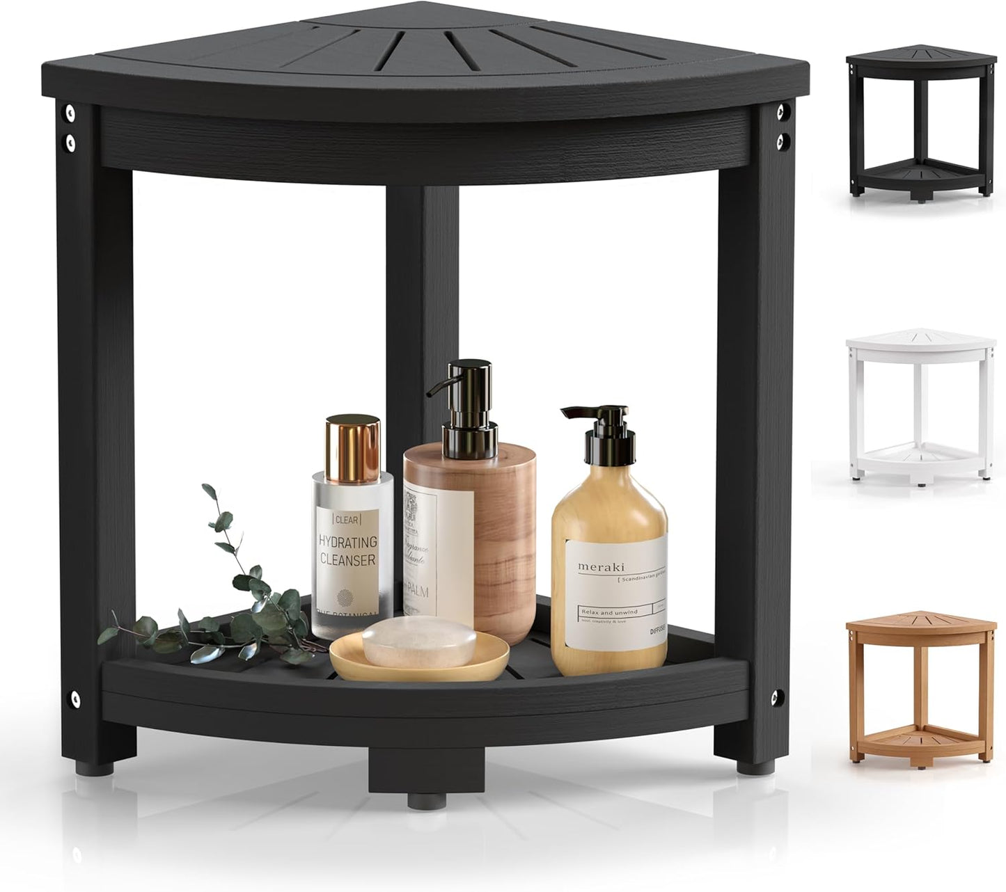 Corner Shower Stool for Inside Shower, HIPS Waterproof Shower Bench Seat Chair, Plastic Bath Shower Stool for Shaving Legs Foot Rest with Storage Shelf, Adjustable & Non-Slip Feet, Black
