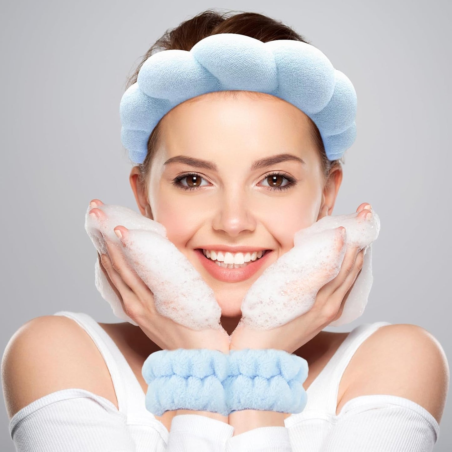 Zkptops Spa Headband for Washing Face Wristband Set Sponge Makeup Skin Care Terry Cloth Bubble Soft Get Ready Light Blue Hairband Women Girls Puffy Padded Headwear Non Slip Thick Hair Accessory
