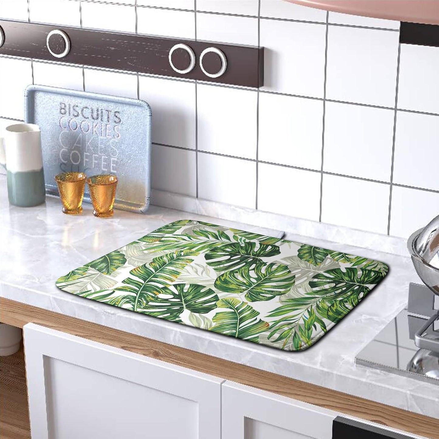 Tropical Palm Leaves Dish Drying Mat for Kitchen Counter 18x24 Inch, Green Monstera Kitchen Drying Mat,Watercolor Herbs Dishes Pad Dish Drainer Rack Mats Absorbent Fast Dry Kitchen Accessories