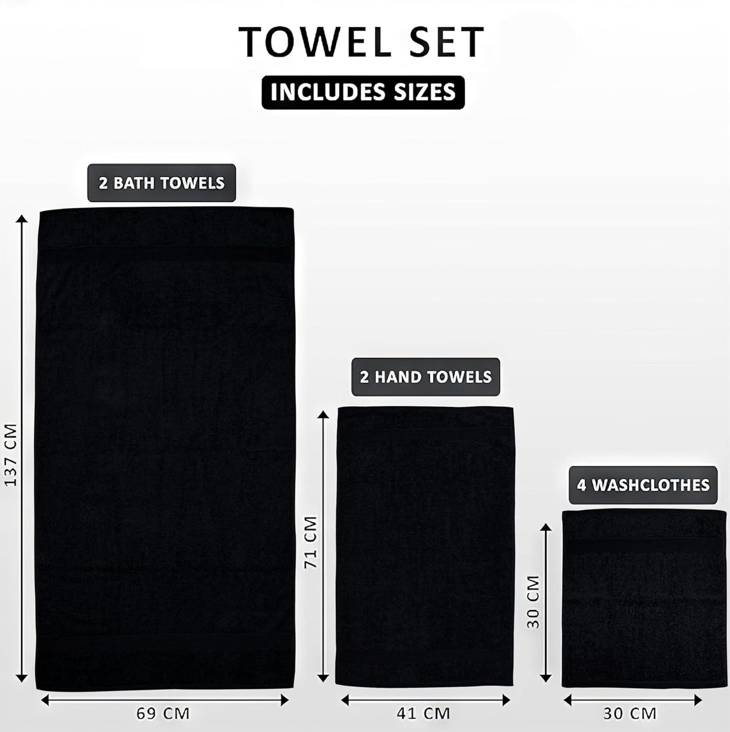 Luxury 8 Piece Towel Set, 2 Bath Towels 2 Hand Towels 4 Washcloths, Towels for Bathroom, Home, Spa & Gym - Highly Absorbent Ultra Soft Quick-Dry (Black)