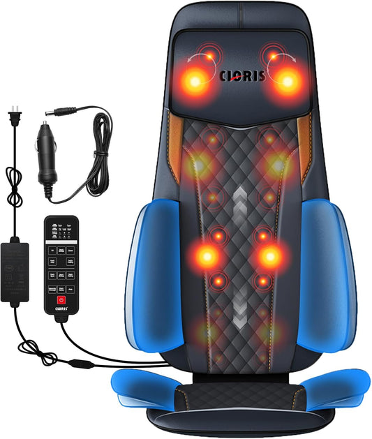 CLORIS Neck Back Massager with Heat, Automatic Adjustable Neckrest, 3D Shiatsu Compress & Rolling Massage Chair Pad for Full Body Relaxation, Home Office Chair Use, Gift for Family & Friends Blue
