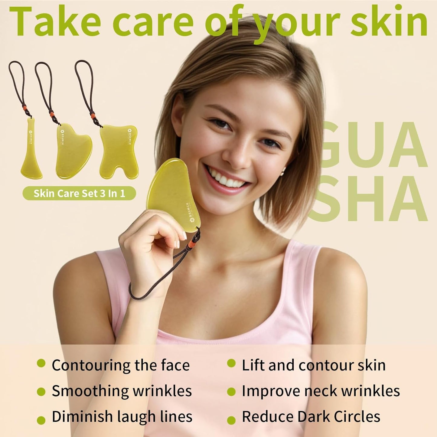 3 Piece Guasha Tool for Face Lymphatic Drainage Massager for Body Green Gifts Real Jade Gua Sha Set Comes with A Beautiful Carrying Pouch Spa Day Essentials