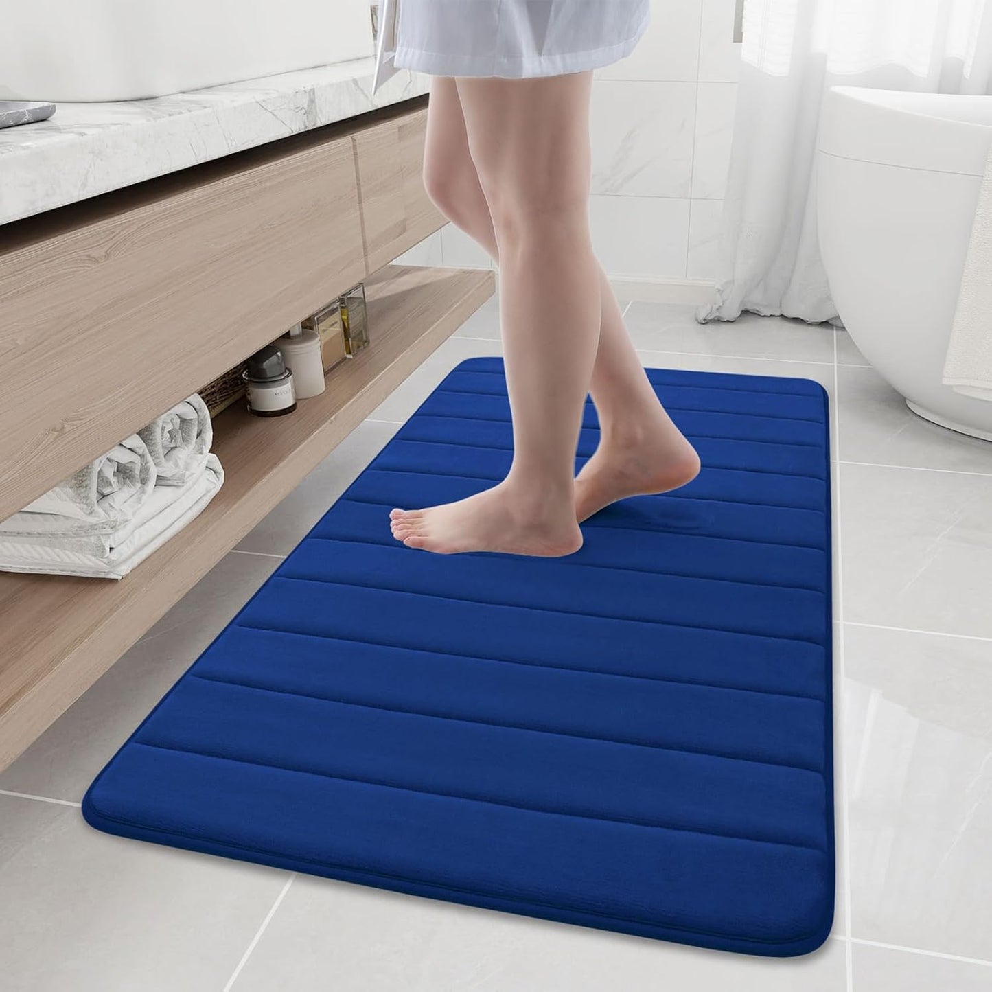 Buganda Memory Foam Bath Mat, 47" x 24", Ultra Soft and Non-Slip Bathroom Rugs, Water Absorbent and Machine Washable Bath Rug Runner for Bathroom, Shower, and Tub, Navy Blue