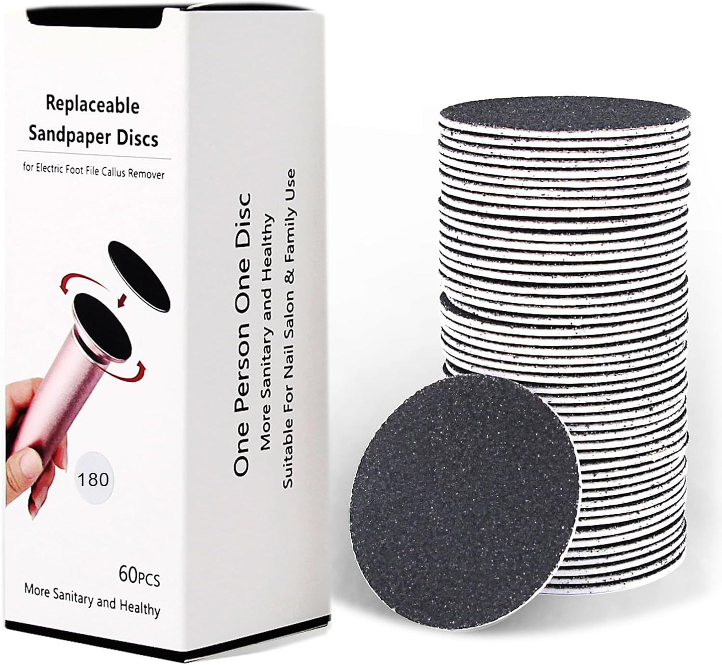 60pcs Replaceable Sandpaper Refill Discs for Electric Foot File Callus Remover Hard Dry Dead Skin Removal (Fine 180 Grit)