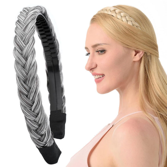 DIGUAN Width 0.9 inches Synthetic Hair Plaited Headband Braid With Teeth Hair Band Accessories for Women Girl (Salt/Pepper)