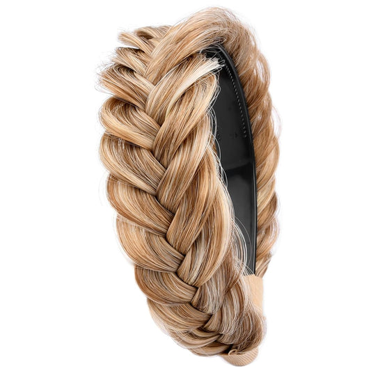 DIGUAN Wide Messy Braided Headband With Teeth Synthetic Hair Plaited Headband High Elasticity Braids Chunky Fishtail Braided Hair Band Hairpiece for Girls Women Beauty Accessory (Caramel Blonde)