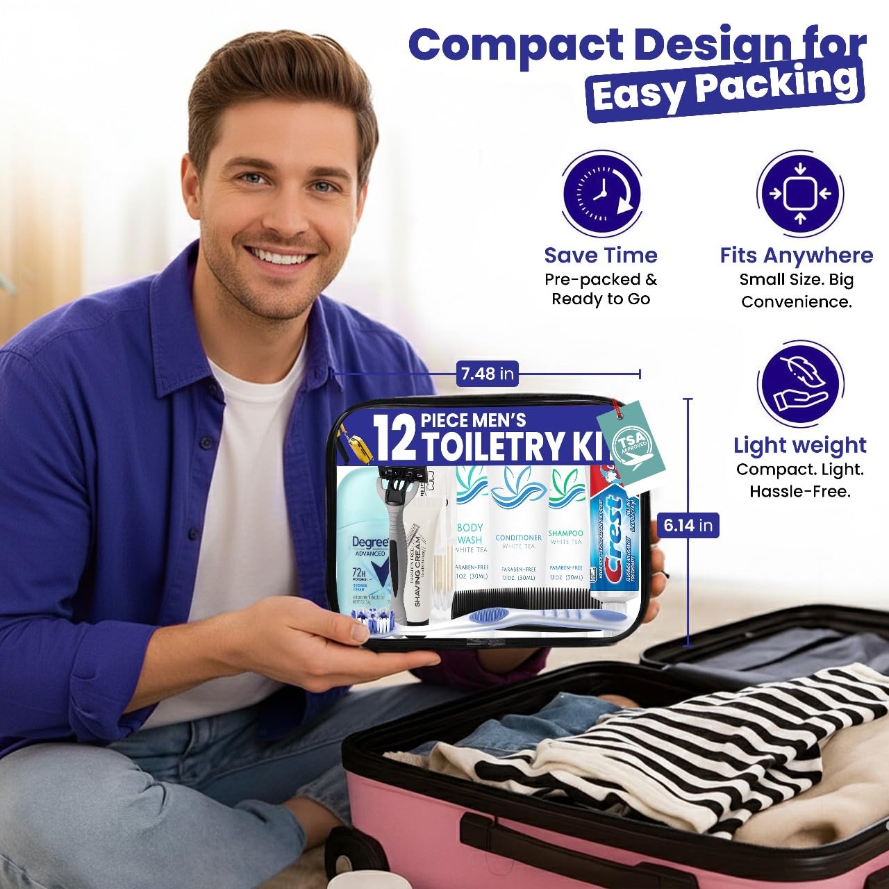 Trektote Bulk Hygiene Kit For Men – (5 Pack) 12 Piece Set Of Travel Size Toiletries, TSA Compliant, Bulk Travel Essentials, Includes Shampoo And Conditioner, Body Wash, Toiletry Bag & More