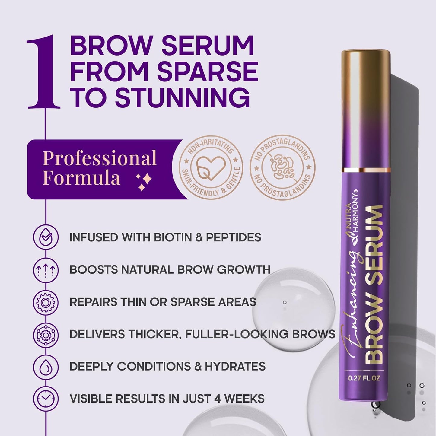 Brow Serum for Eyebrow Growth – Pro Growth Treatment with Keratin & Biotin Peptides – Hyaluronic Acid, Creatine & Castor Oil – No Prostaglandins, Vegan & Non‑Irritating for Fuller, Thicker Brows, 8ml