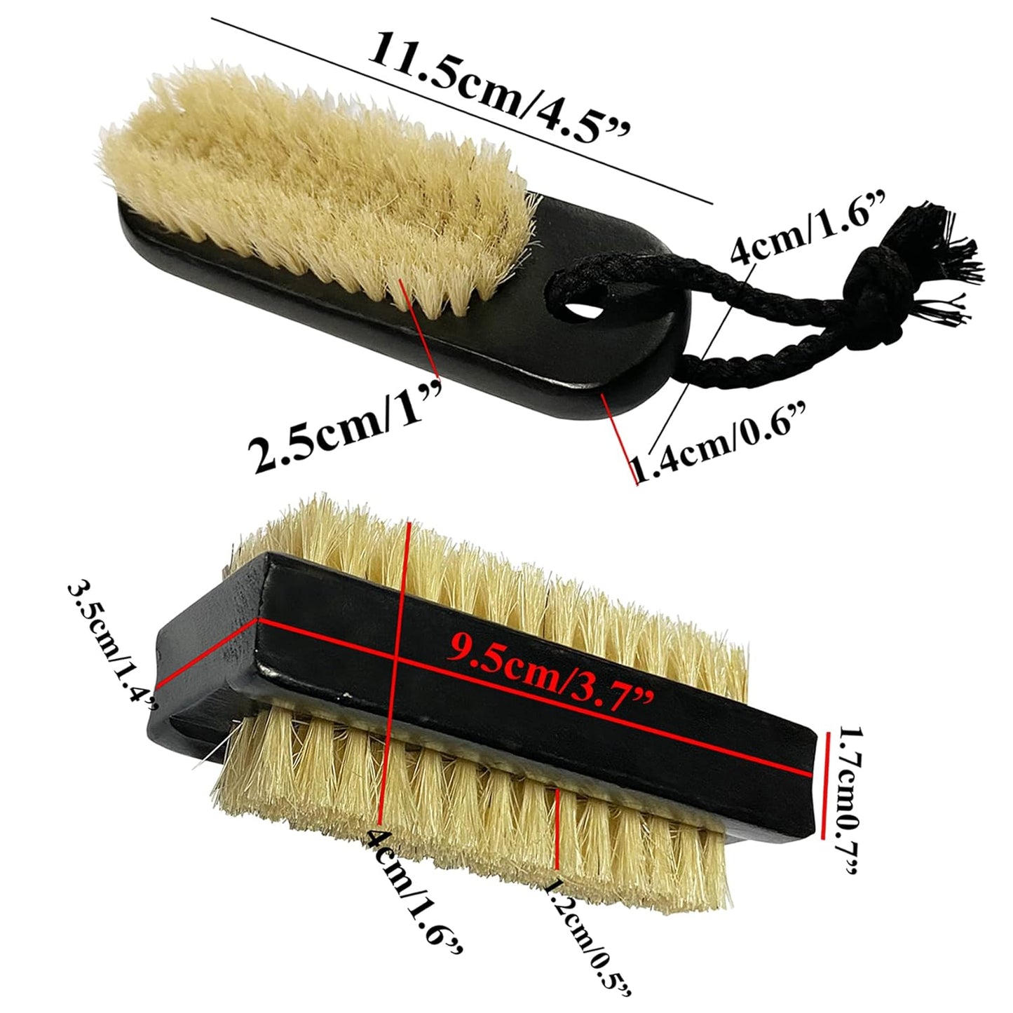 Coralpearl Wooden Nail Brush Cleaner Black X 2 in Natural 100% Boar Bristle for Cleaning Hand Finger Foot Toe, Fingernail Toenail Scrub Brush for Men Women Kids Manicure Pedicure (Two sided + w/Rope)