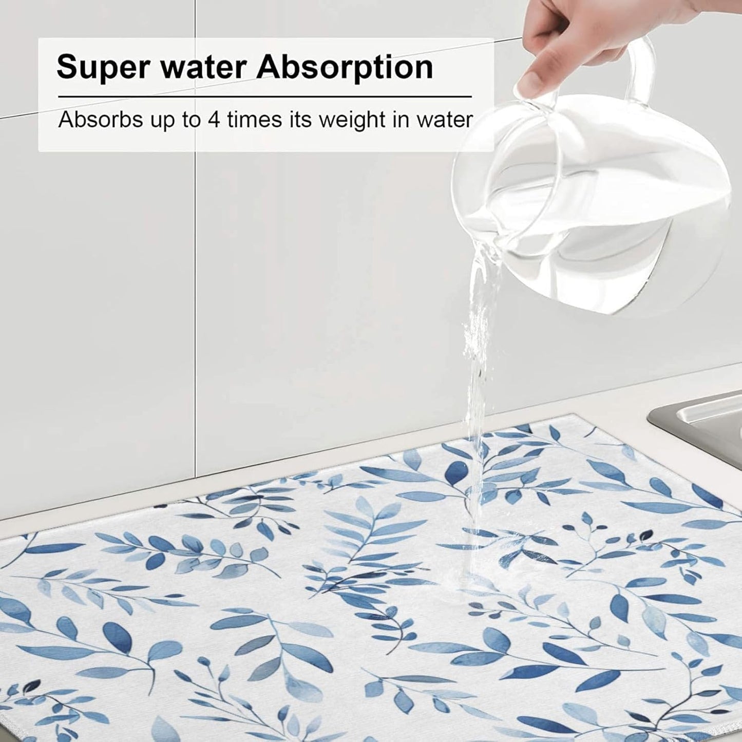 Blue Flower Dish Drying Mat For Kitchen Counter Absorbent Large Kitchen Fast Dry Pad Reusable Washable Protector Rack Large Mat 18 X 24