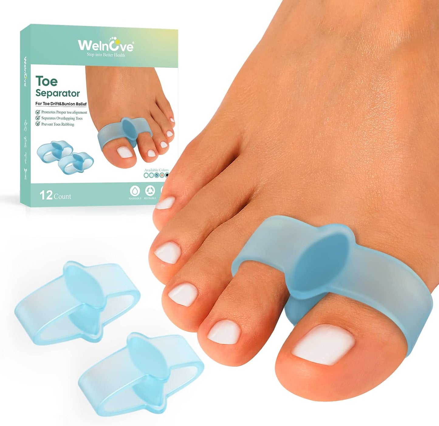 Welnove Pack of 12 Bunion Corrector, Toe Separators with 2 Loops, Big Toe Spacer Suitable for Bunion and Overlap Toe (Blue)