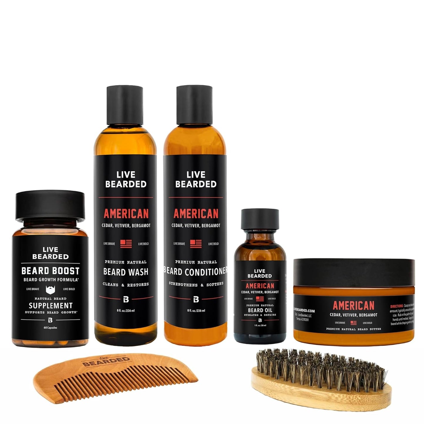 Live Bearded Total Beardsman Kit - Complete Beard Growth Kit for Men - Beard Oil, Butter, Wash, Conditioner, Vitamins, Comb, Brush | American - Cedar, Vetiver, Bergamot
