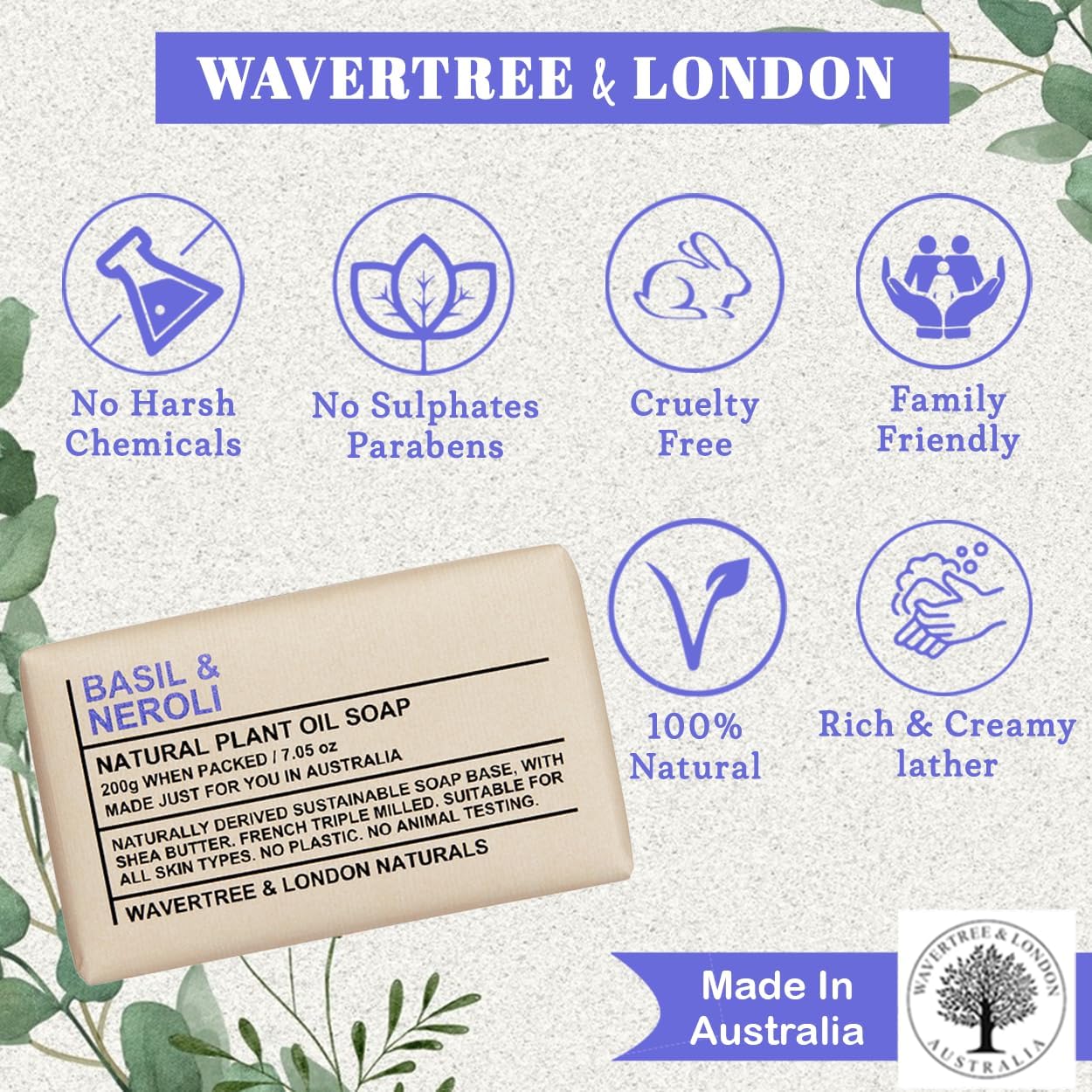 Wavertree & London Basil & Neroli Scented 100% Natural Soap Bar, 7oz Moisturizing French Triple Milled Soap Bar for Women & Men enriched with shea butter - Pure Bath & Body soap bar for All Skin Types