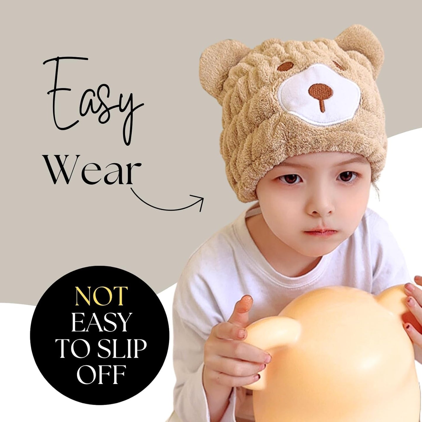 Microfiber Hair Towel Wrap for Kids, Brown Bear Dry Hair Cap Suck Water, Absorbent Quick Girls Boys Hair Drying Towel, Lightweight Bouncy Hat Headscarf for Wet Hair