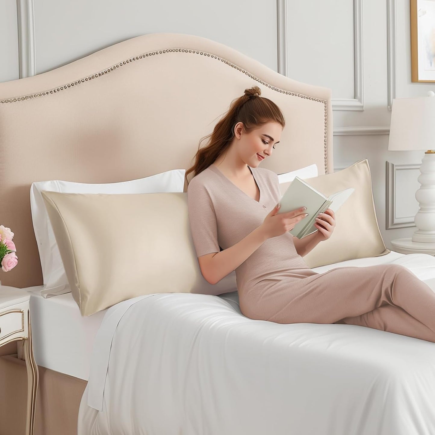 INFIIXSO Body Pillow Cover with Zipper, Luxury Mulberry Silk Body Pillow Case 20x54 Inches, Ultra Smooth and Soft Cooling Long Pillowcase, Gift for Women, Men(Beige)