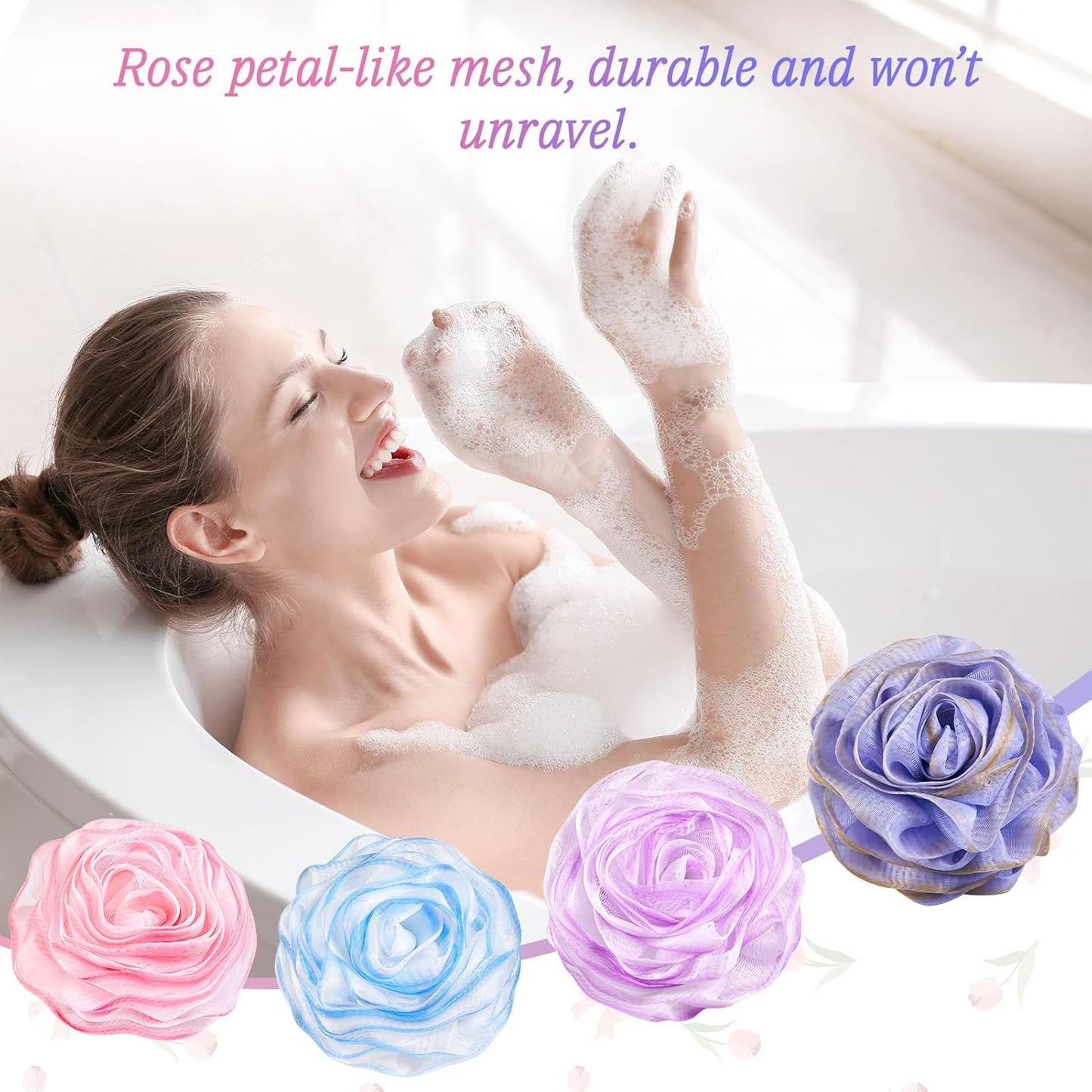 Bath Loofah, Shower Sponge, Body Scrubber, Rose-Shaped, Elegant (Set of 4 Pieces)