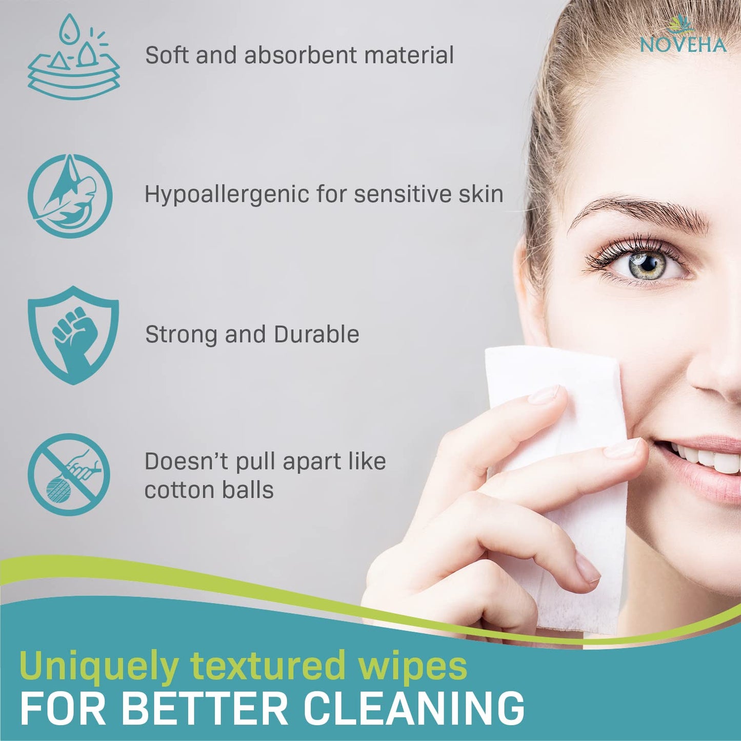 NOVEHA 60PCs Dry Wipes - Gentle & Hypoallergenic Daily Eye & Nasal Cleanser Wipes - Makeup Removal - Calm, Relieve, Soothe, Hydrate Your Skin Naturally - Can be Use with our Foam and Cleanser Line