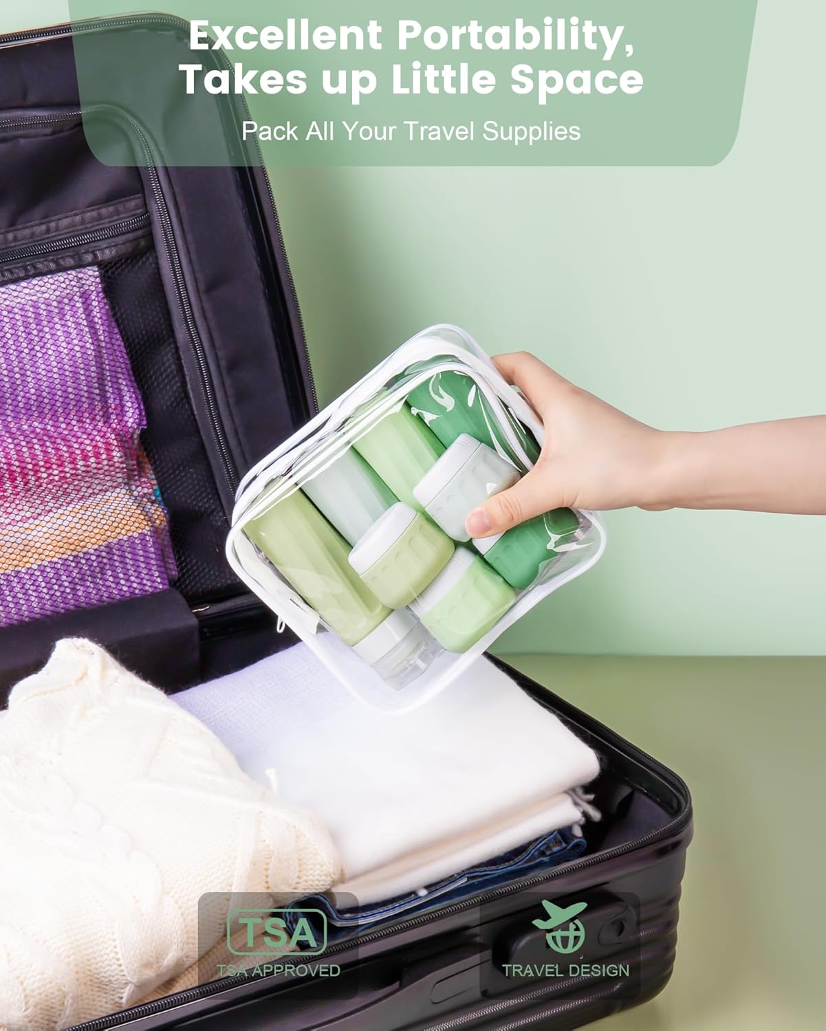 Travel Size Toiletries 10 Pack, TSA Approved 3oz & 1oz Silicone Refillable Containers with Clear Travel Bag