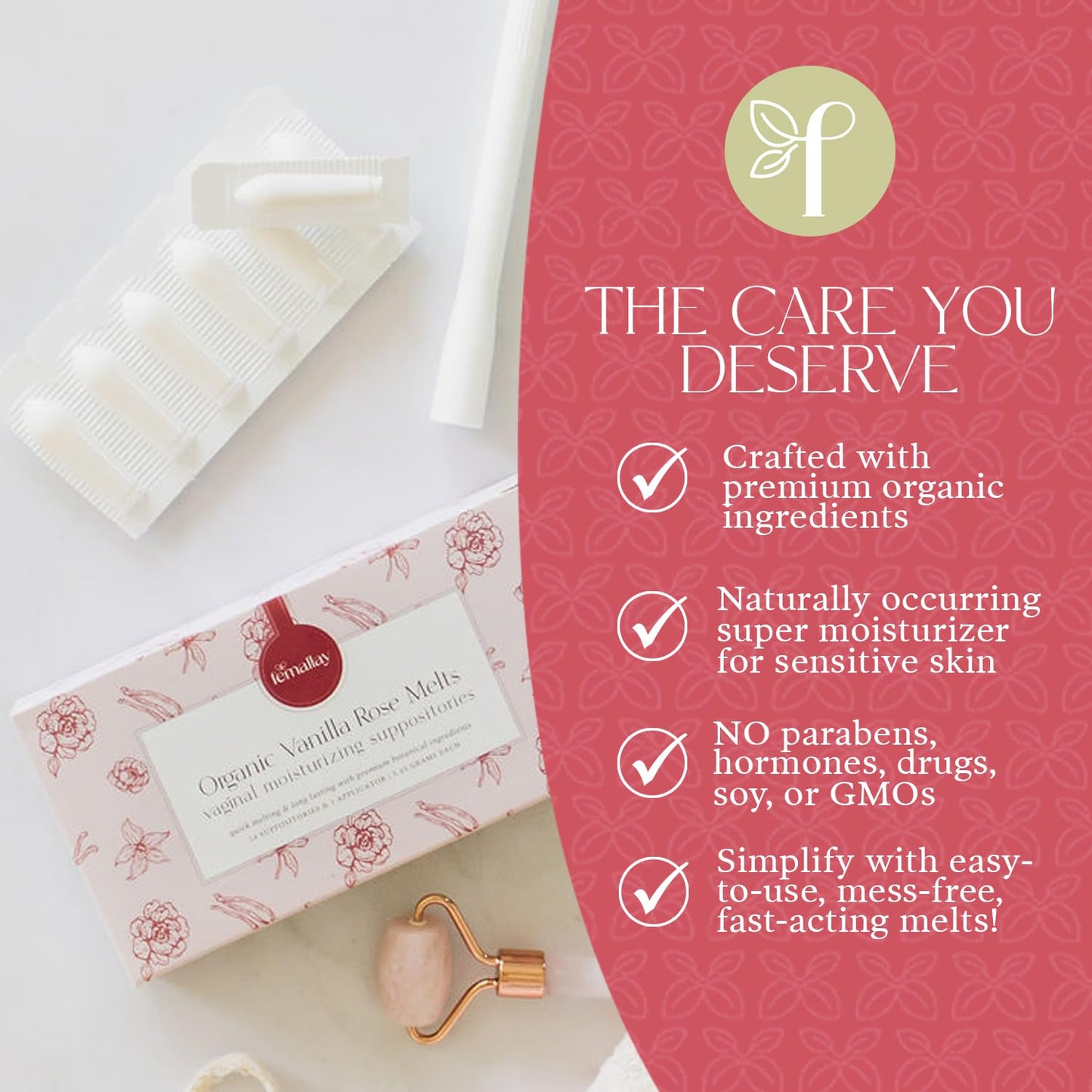 Femallay Organic Vaginal Moisturizing Suppositories – Rose 2 Pack – 100% Natural Relief for Dryness, Odor & Daily Feminine Discomfort – 14 Count + Applicator