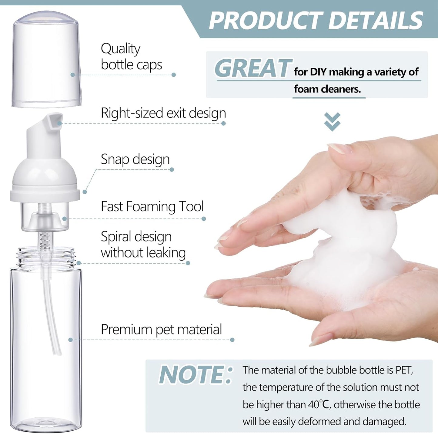 Dandat 120 Pcs 2 oz Plastic Foam Soap Dispensers Bulk Refillable Foaming Pump Bottle Empty Mini Shampoo Lash Cleaning Bottles for Travel Cosmetics Hand Soap(Clear)