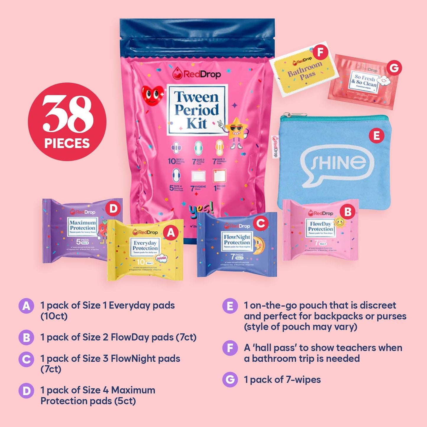 RedDrop 38 PC Tween and Teen Period Kit - First Period Kit for Girls 9-12 - Includes Everyday, FlowDay & FlowNight, Maxi, Wipes, & More