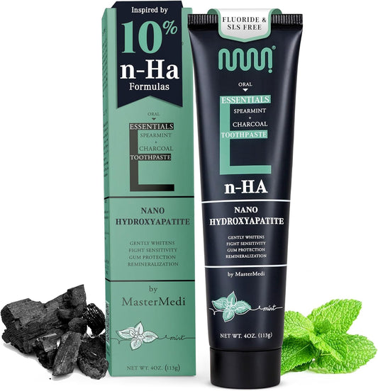 MasterMedi Nano Hydroxyapatite Toothpaste (Inspired by 10% nHA Formulas), Fluoride-Free, Charcoal Whitening, Sensitive Teeth Care, Enamel Support, SLS-Free, Xylitol, Citrus Mint, 4 Oz (Pack of 1)