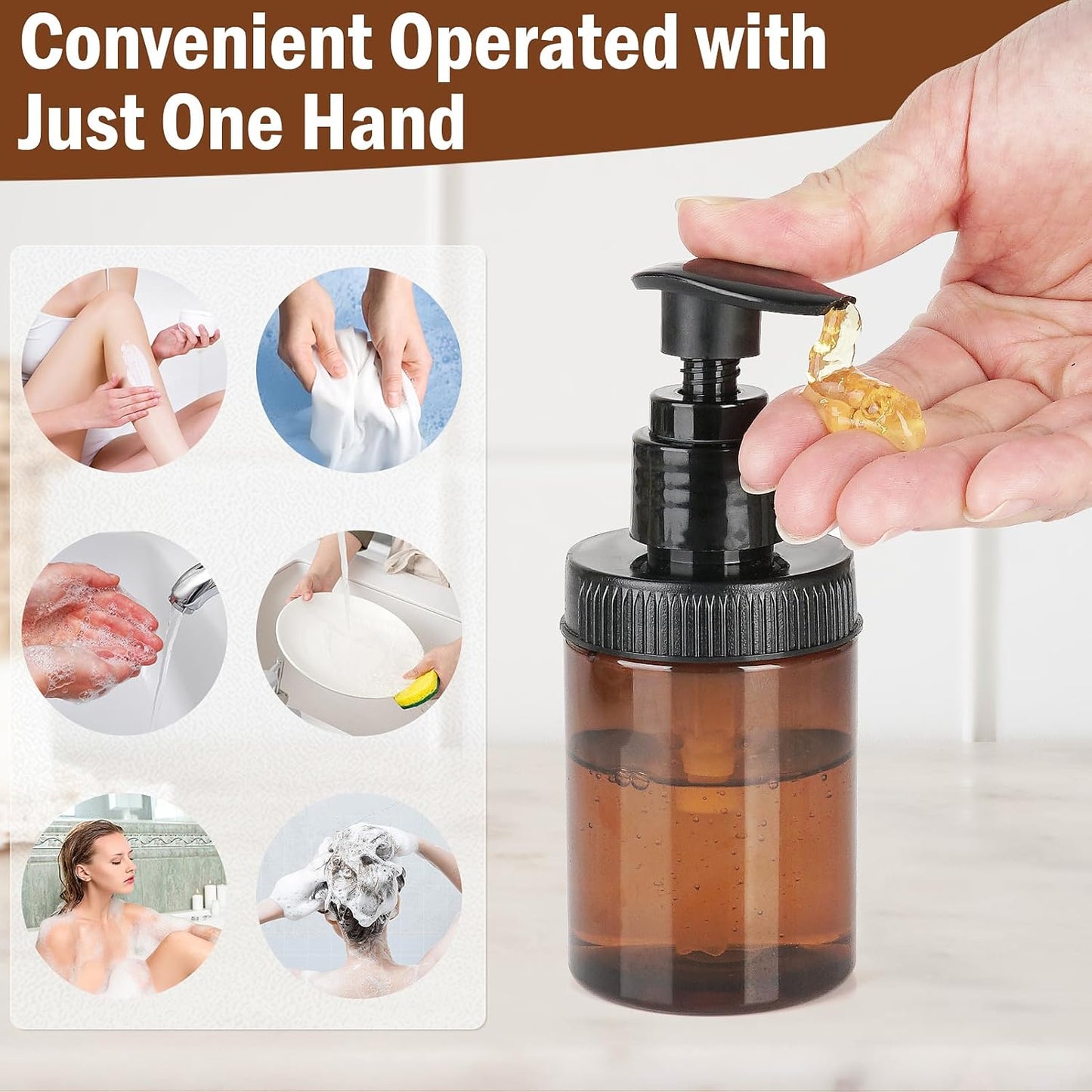 Cosywell Pump Bottle Dispenser 4oz/120ml 4 Pack Plastic Pump Bottles Lotion Dispenser Wide Mouth Jar Style Empty Refillable Bathroom Shower Containers for Shampoo Conditioner Body Wash(Brown)