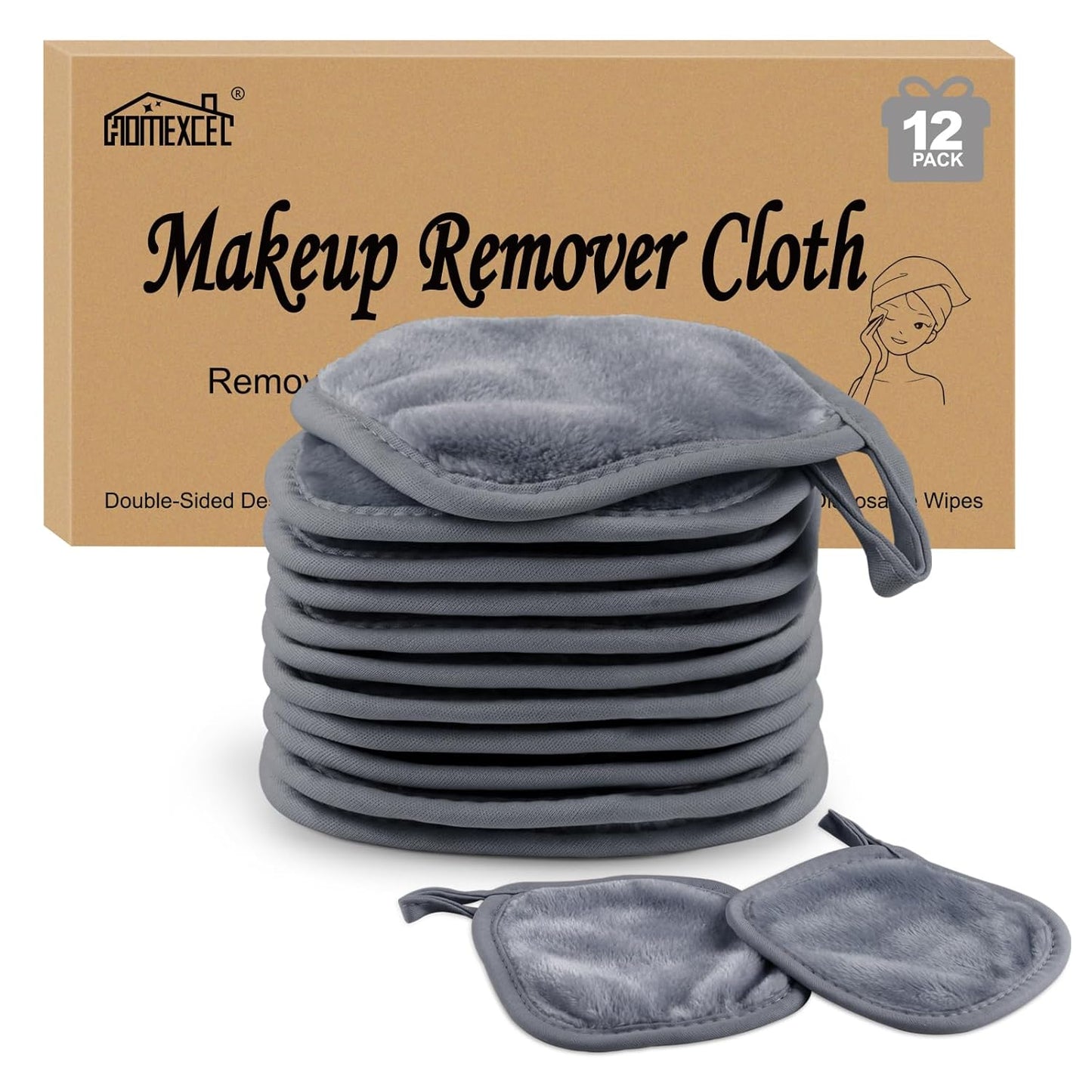 HOMEXCEL Makeup Remover Cloth 12 Pack,Reusable Makeup Remover Pads, Washable Ultra Soft Facial Cleansing Cloths For All Skin Types, 5 X 5 In, Grey