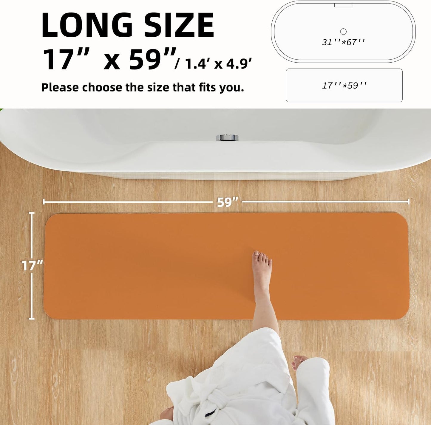 Bathroom Mat Quick Dry, Bathroom Rugs Non Slip Washable Thin Absorbent Bath Mat Fits Under Door Bathroom Floor Mat Perfect for Bath, Shower, or Sink 17"x59" Orange