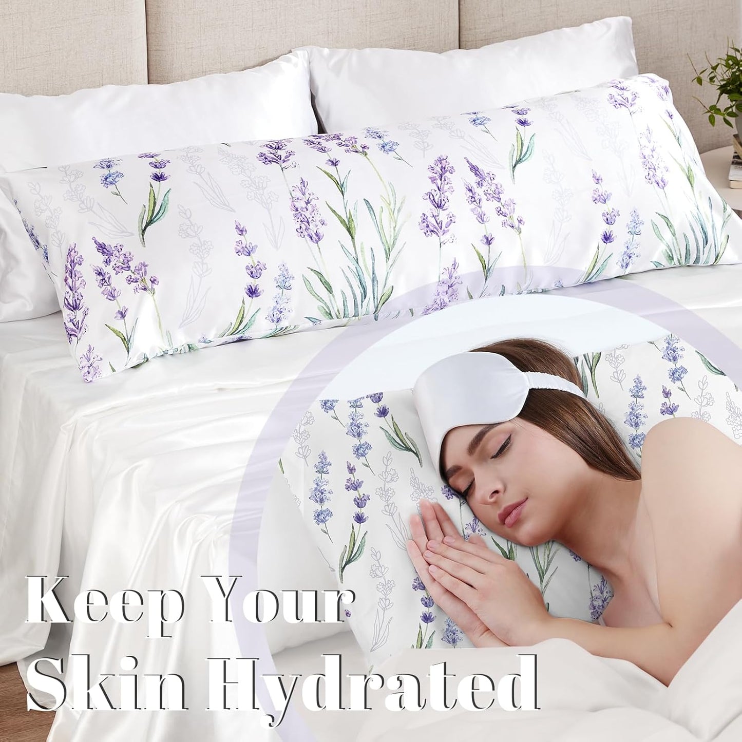 EXQ Home Satin Pillowcase for Hair and Skin Body- Flower Printed Lavender Silk Pillowcase 20x54 inches - Body Pillow Cases with Envelope Closure, Gifts for Women