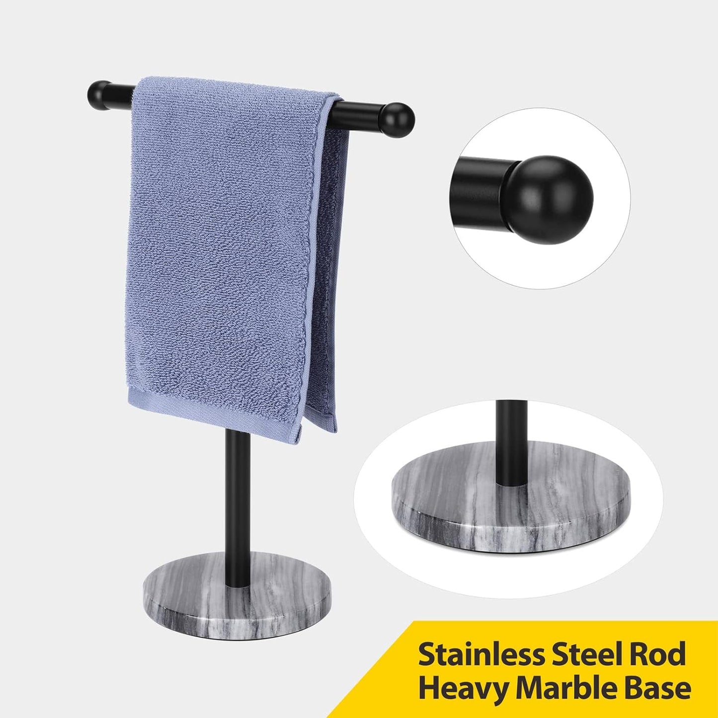 Black Hand Towel Holder Stand with Heavy Marble Base, T-Shape Towel Rack, Free-Standing for Bathroom Vanity Countertop, 304 Stainless Steel (Black)