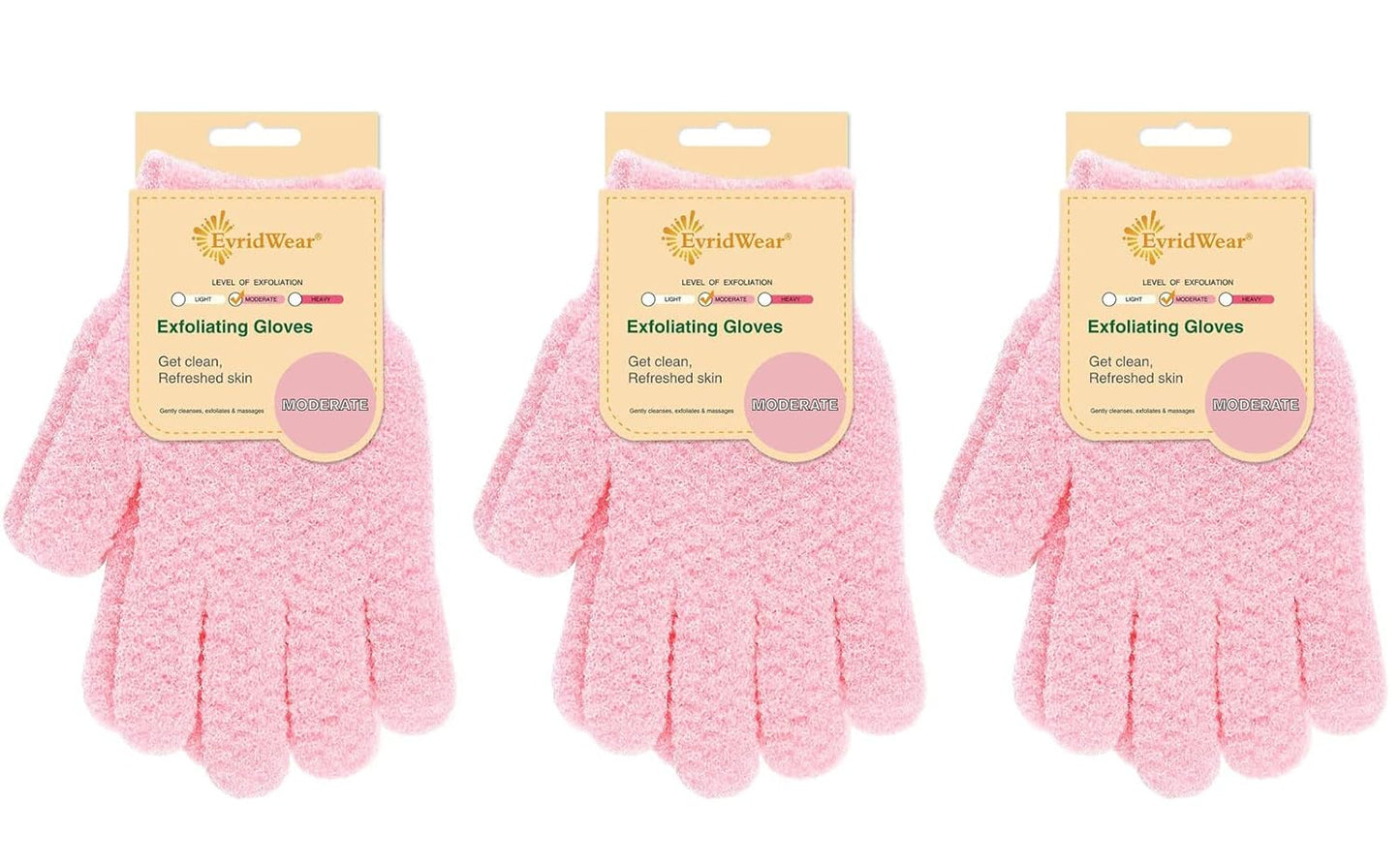 Evridwear Exfoliating Gloves for Shower, 100% Nylon Thick Soft Medium Heavy Bathing Gloves Dead Skin Remover Body Scrubber Smooth Skin with Hang Loop, 3 Pairs Moderate Pink