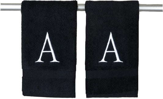 Black Monogrammed Hand Towels for Bathroom- Black and White Luxury Hotel Quality Personalized Initial Decorative Embroidered for Powder Room, Spa-GOTS Organic Certified - Pack of 2, Letter A