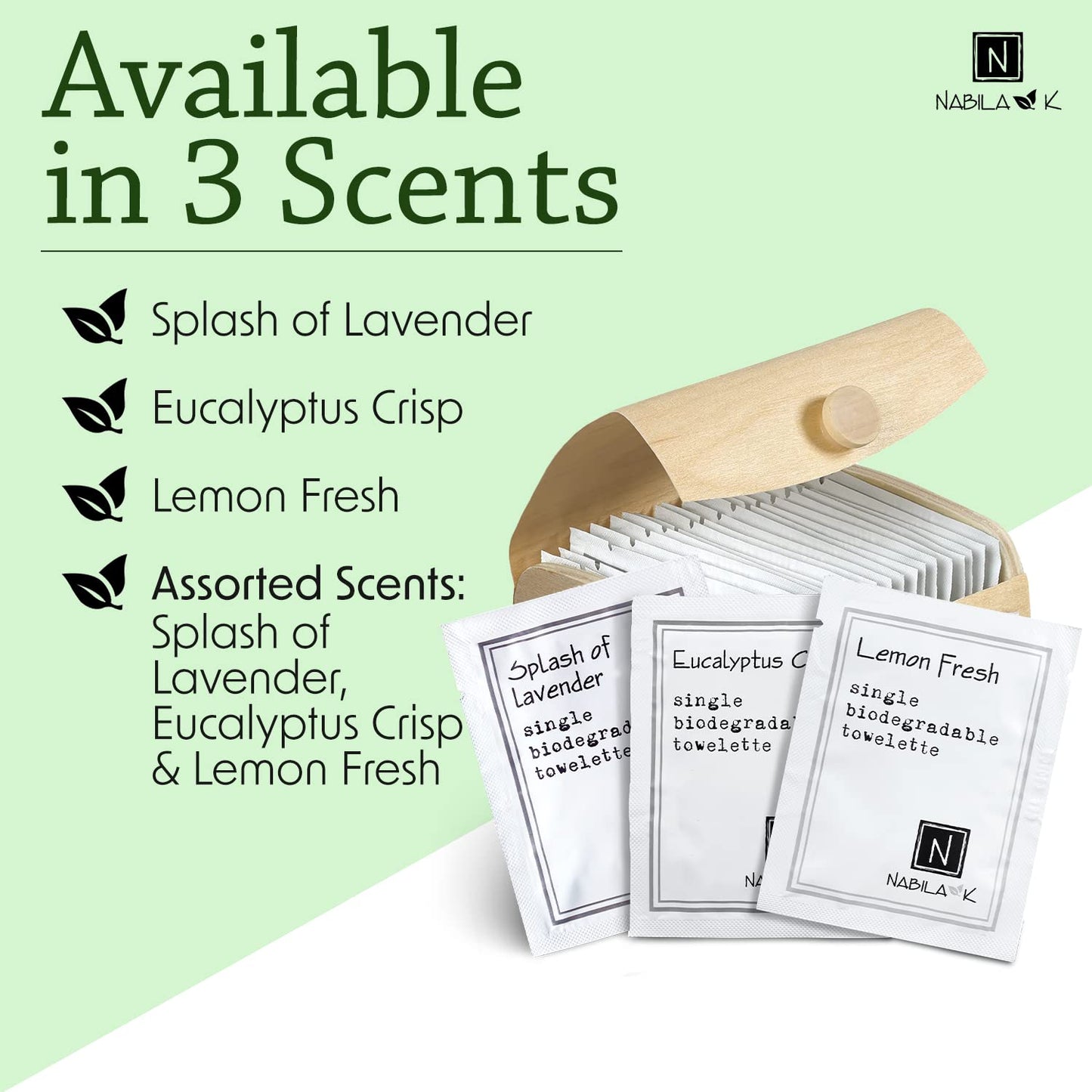 Moist Towelettes Scented Variety Pack Single Use by Nabila K - Alcohol-Free, Plant-Based with Natural Ingredients - Individually Wrapped Disposable Travel Size Wipes with Bamboo Case - 20 Count