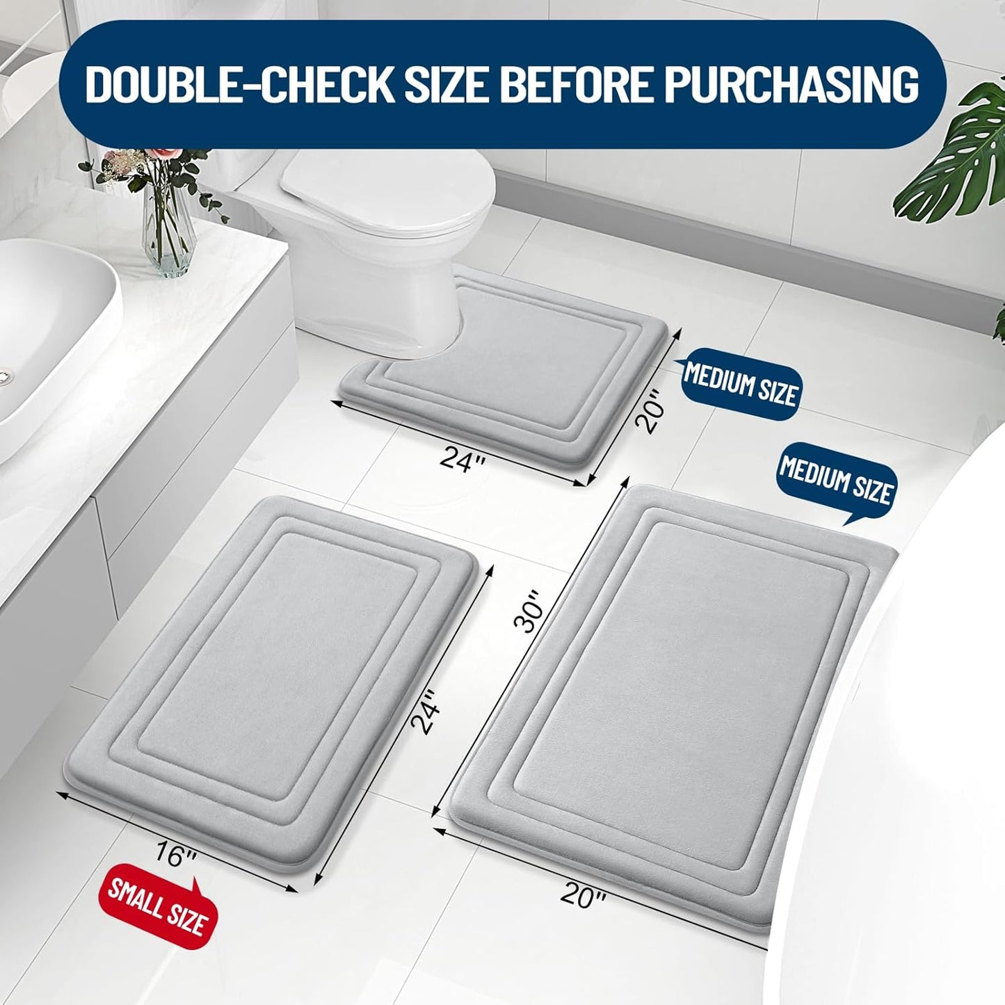 Grandaily Memory Foam Bath Mat Rug 47x17, Ultra Soft, Non-Slip and Absorbent Bathroom Rugs, Machine Wash Dry, Comfortable Bath Carpet for Bathroom Floor, Tub and Shower, Grey