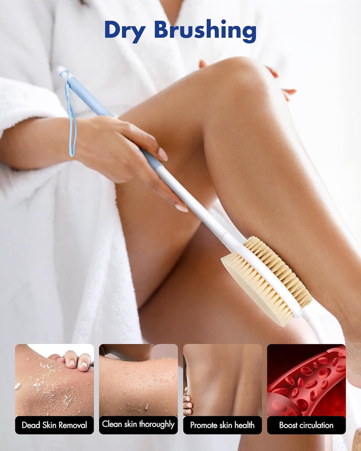 Back Scrubber Body Shower Brush: Anti Slip Long Handle Bath Brush with Stiff and Soft Bristles - Showering Exfoliator Wet or Dry Brushing for Women, Men, Elderly (Blue)