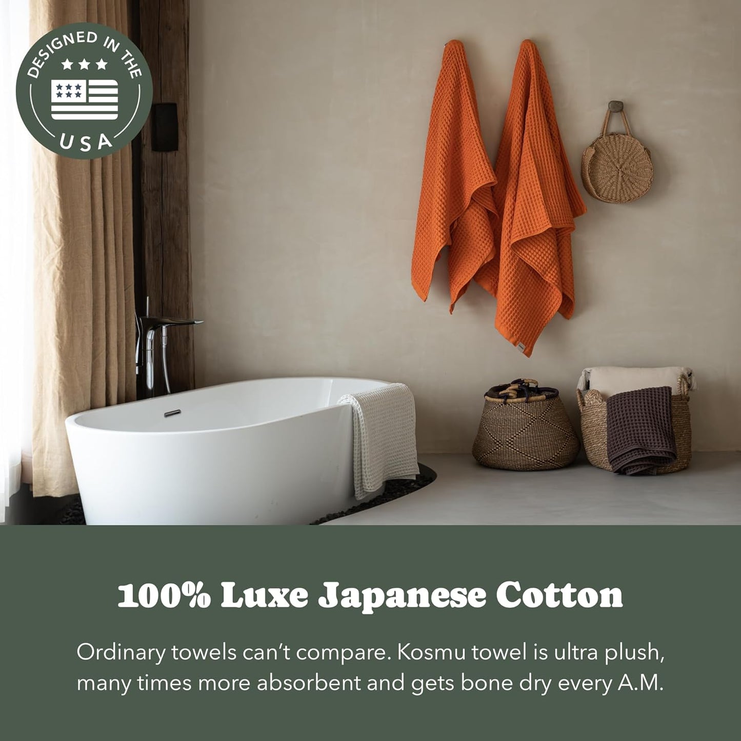 Luxury Japanese Cotton Waffle Bath Towel | Plush, Absorbent, and Quick Dry | Free Storage Bag Included (Coral Orange, Bath Towel Set (3-Piece))