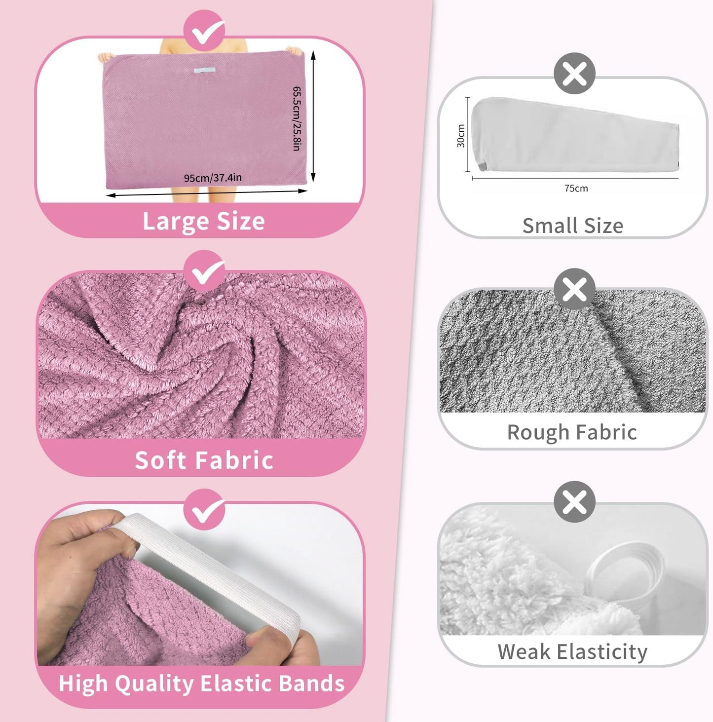 2 Pack Extra Large Microfiber Hair Towel, 37.4" x 26.4" Towel Wrap for Women, Super Absorbent & Quick Drying Hair Towel with Elastic Strap for Curly Long Hair