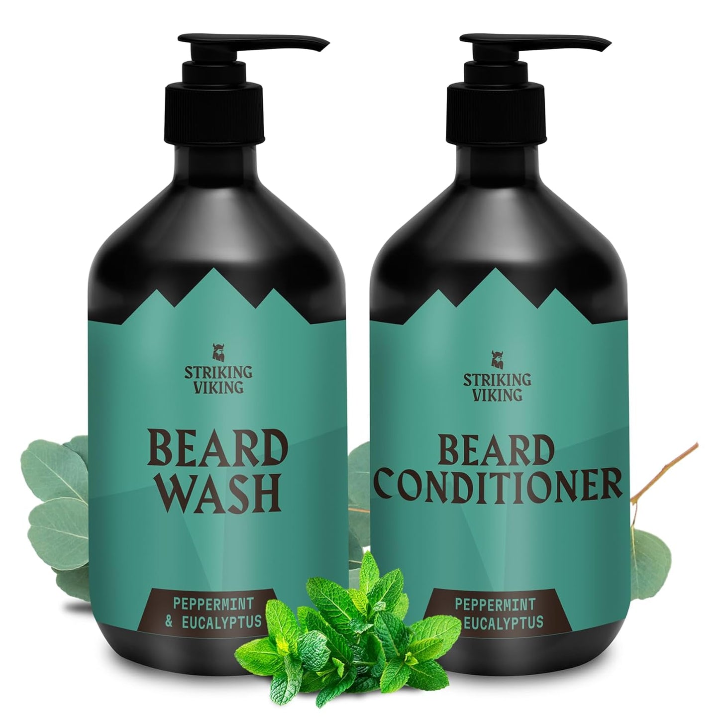 Striking Viking Beard Wash & Conditioner - 20 fl oz, Peppermint & Eucalyptus - Deep Clean & Itch Relief Beard Wash and Conditioner for Men - Hydrating Jojoba Facial Oil Treatment